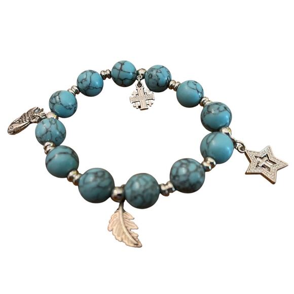 Beaded Stretch Silvertone Fish Feather Star Jerusalem Cross Bracelet Blue NWOT - Picture 6 of 12